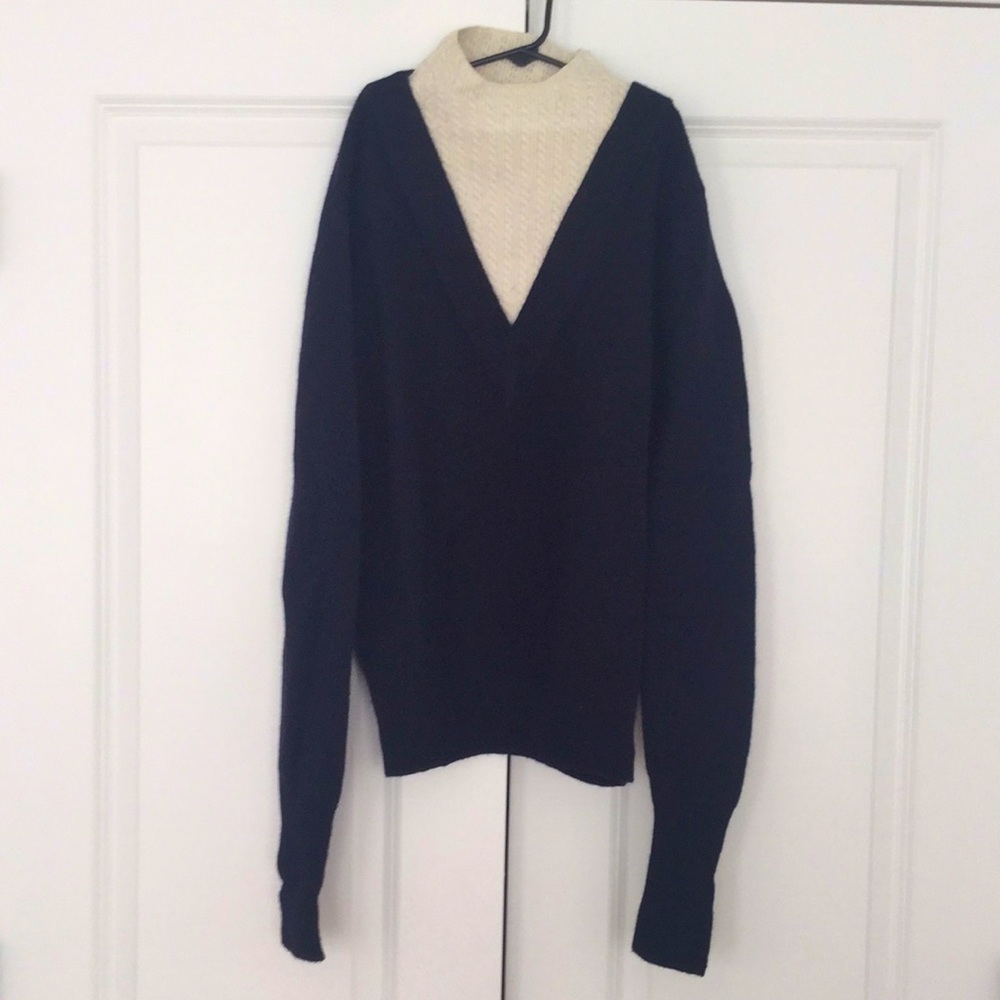 Sandro navy wool vneck sweater w attached insert